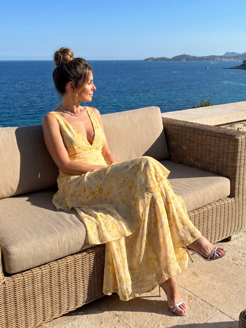 Women's Deep V Sleeveless Painterly Pattern Midi Dress