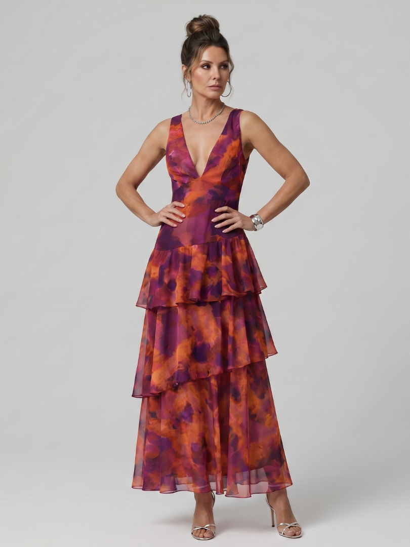 Women's Deep V Sleeveless Painterly Pattern Midi Dress