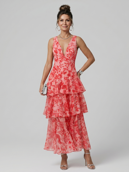 Women's Deep V Sleeveless Painterly Pattern Midi Dress