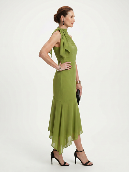 Women's Draped Halter Midi Dress with Keyhole for Occasion