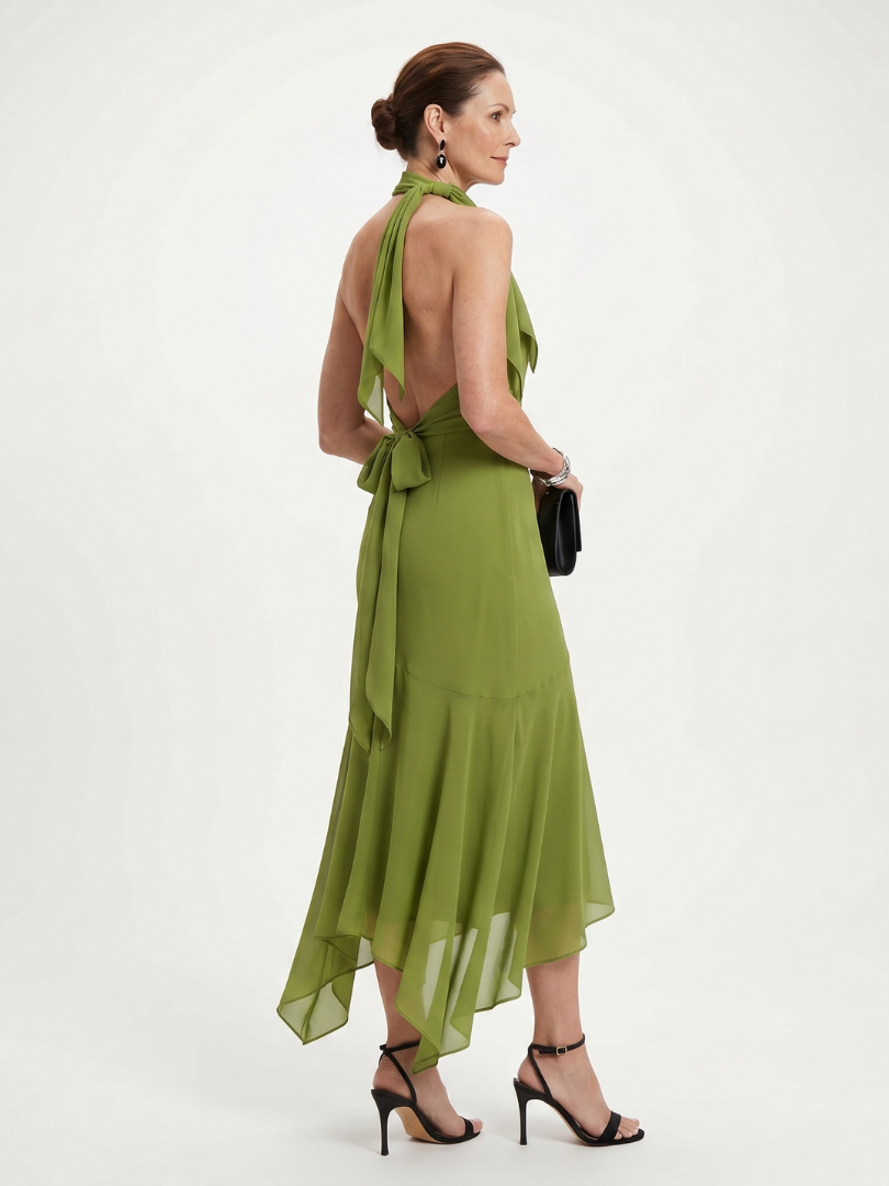 Women's Draped Halter Midi Dress with Keyhole for Occasion
