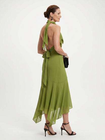 Women's Draped Halter Midi Dress with Keyhole for Occasion