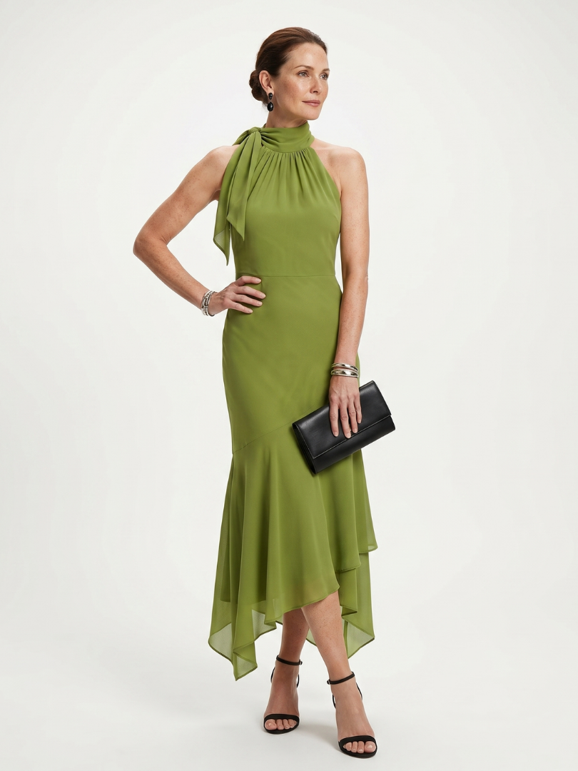Women's Draped Halter Midi Dress with Keyhole for Occasion