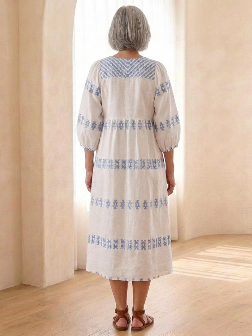 Women's Embroidered Midi Dress with V-Neck for Coastal Walks