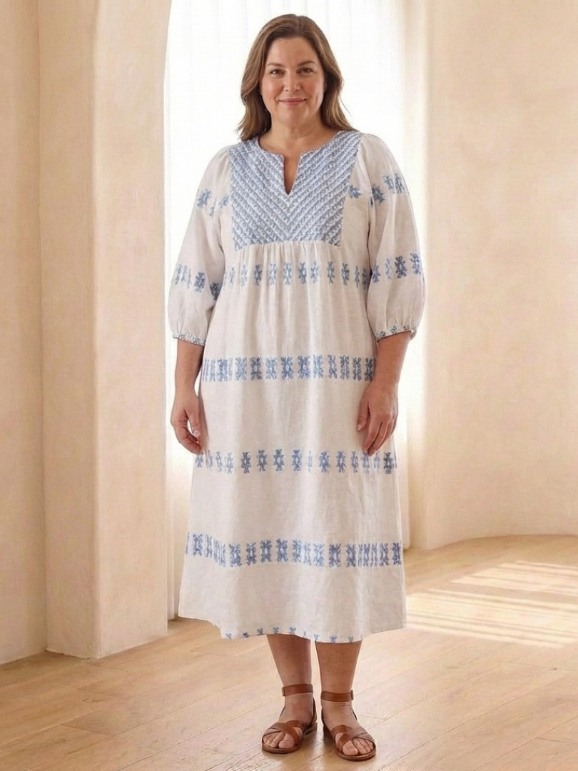 Women's Embroidered Midi Dress with V-Neck for Coastal Walks
