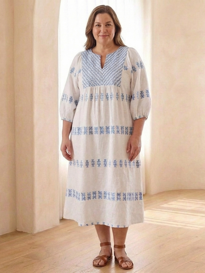 Women's Embroidered Midi Dress with V-Neck for Coastal Walks