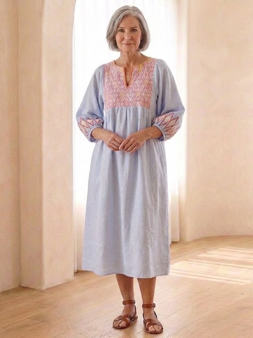 Women's Embroidered Midi Dress with V-Neck for Coastal Walks