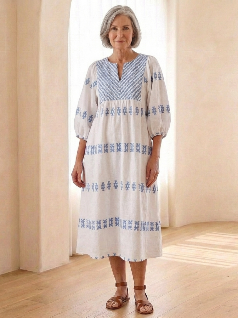 Women's Embroidered Midi Dress with V-Neck for Coastal Walks