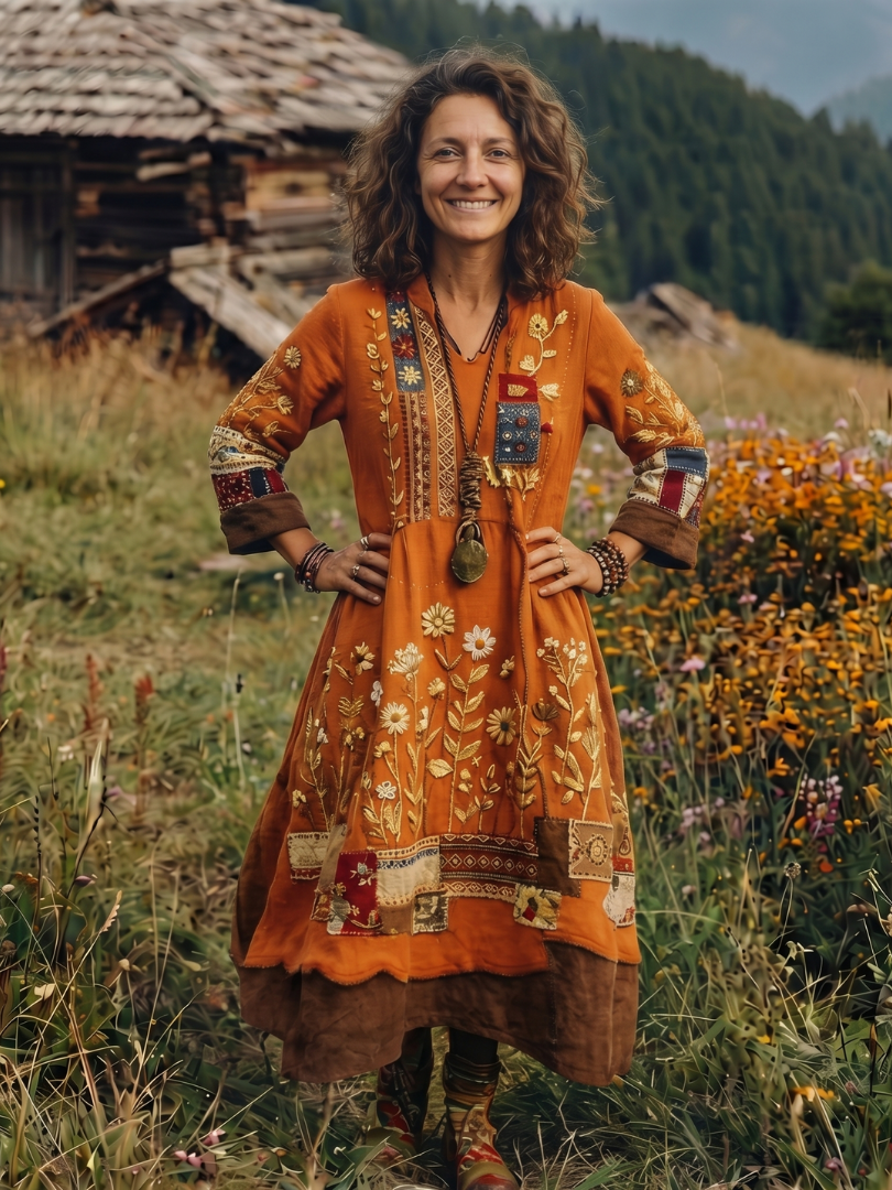 Women's Embroidered Panel Midi Dress with Drape for Daywear