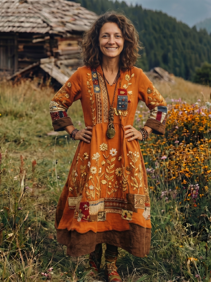 Women's Embroidered Panel Midi Dress with Drape for Daywear