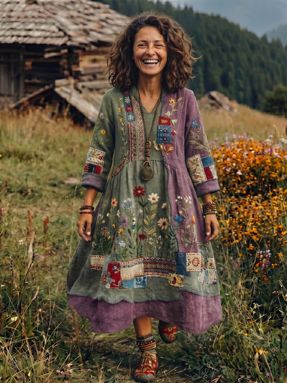 Women's Embroidered Panel Midi Dress with Drape for Daywear