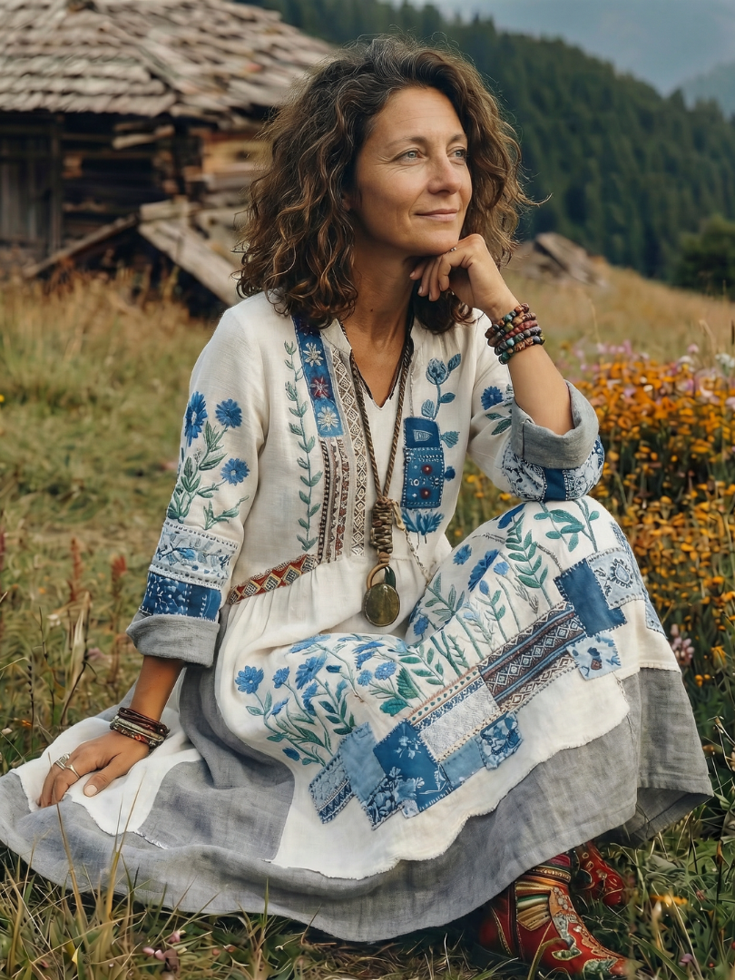 Women's Embroidered Panel Midi Dress with Drape for Daywear