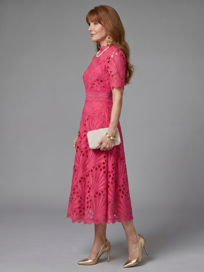 Women's Eyelet Lace Midi Dress with Fitted Waist for Formal