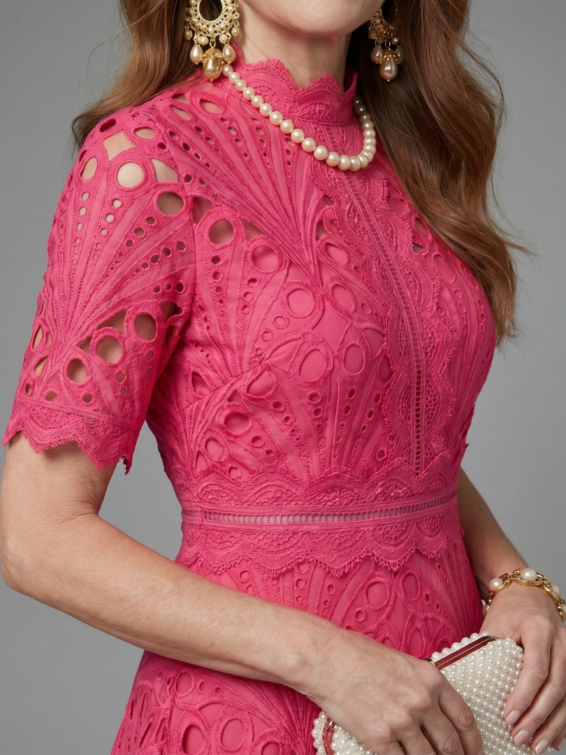 Women's Eyelet Lace Midi Dress with Fitted Waist for Formal