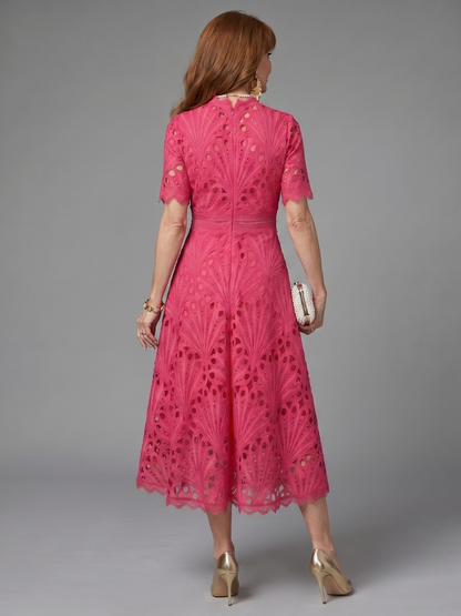 Women's Eyelet Lace Midi Dress with Fitted Waist for Formal