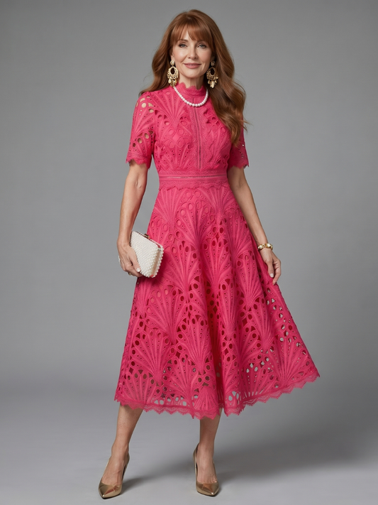 Women's Eyelet Lace Midi Dress with Fitted Waist for Formal