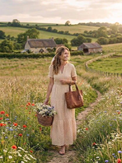 Women's Eyelet Midi Dress with Tiered Skirt for Summer