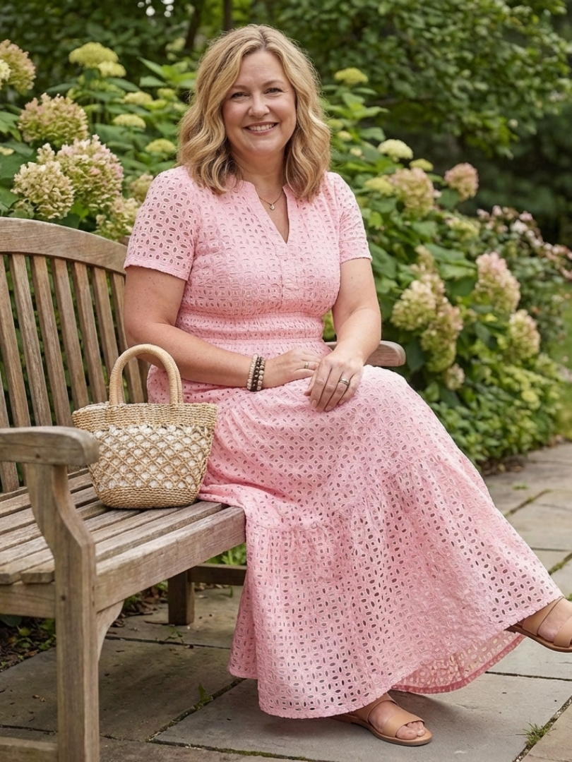 Women's Eyelet Midi Dress with Tiered Skirt for Summer