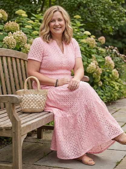 Women's Eyelet Midi Dress with Tiered Skirt for Summer