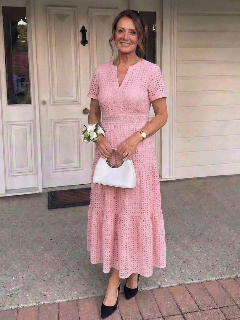 Women's Eyelet Midi Dress with Tiered Skirt for Summer