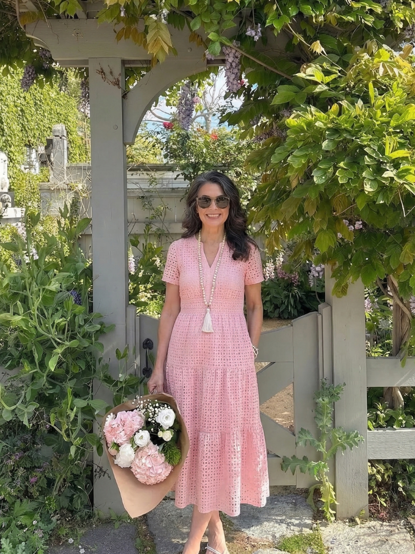 Women's Eyelet Midi Dress with Tiered Skirt for Summer