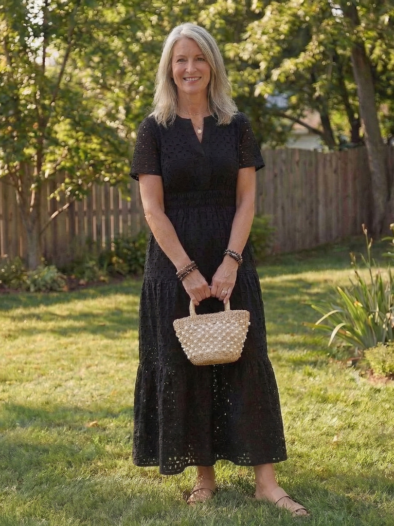 Women's Eyelet Midi Dress with Tiered Skirt for Summer