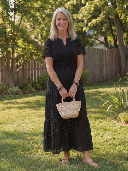 Women's Eyelet Midi Dress with Tiered Skirt for Summer
