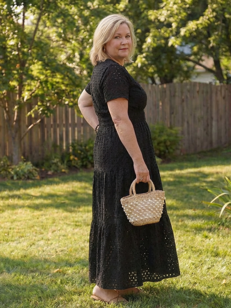 Women's Eyelet Midi Dress with Tiered Skirt for Summer