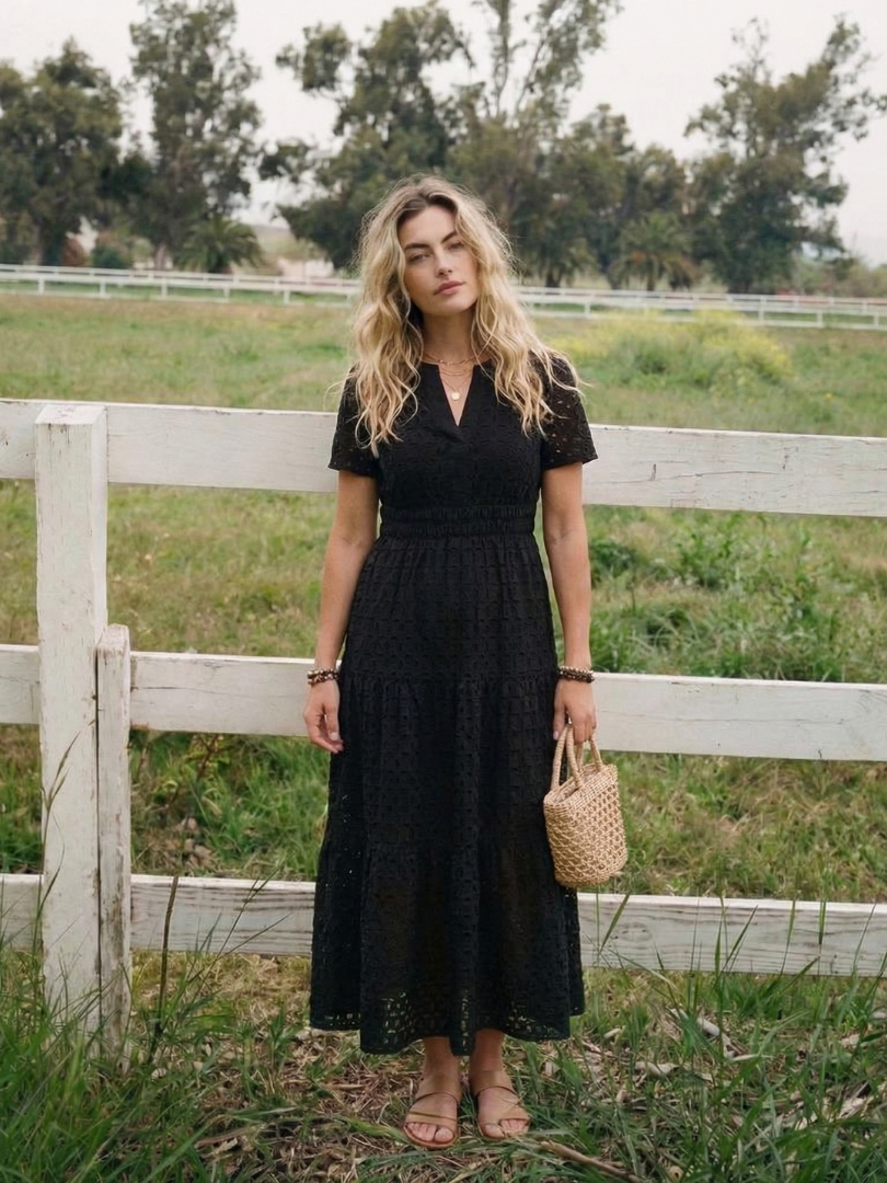 Women's Eyelet Midi Dress with Tiered Skirt for Summer