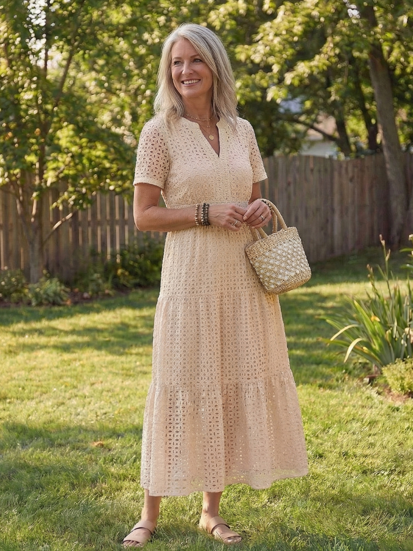 Women's Eyelet Midi Dress with Tiered Skirt for Summer