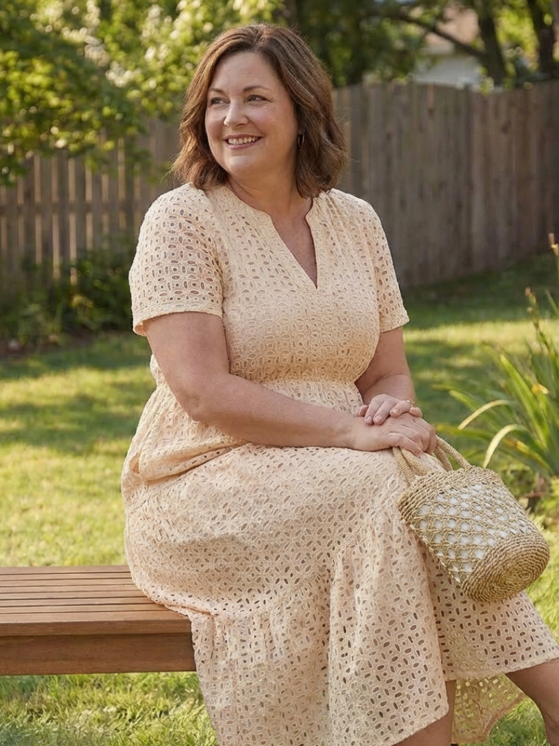 Women's Eyelet Midi Dress with Tiered Skirt for Summer