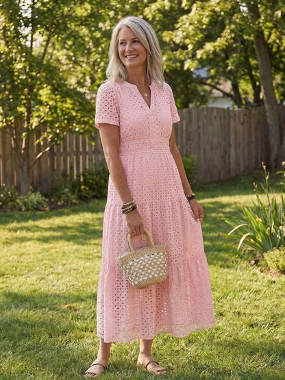 Women's Eyelet Midi Dress with Tiered Skirt for Summer