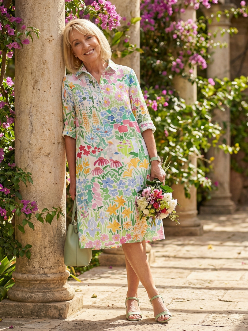 Women's Floral Day Dress with Collared Neckline for Everyday