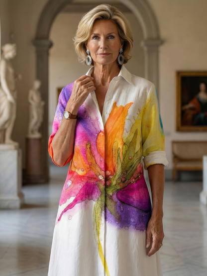 Women's Floral Dress with Collared Neckline for Outings