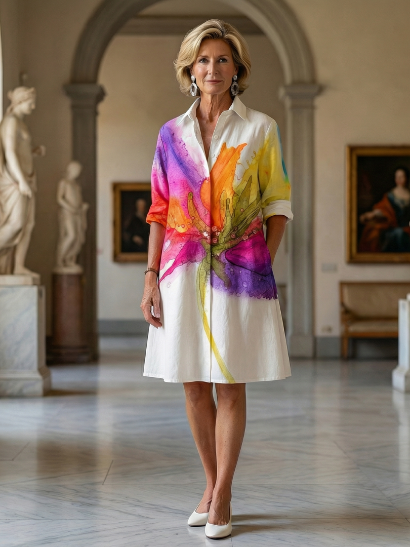 Women's Floral Dress with Collared Neckline for Outings