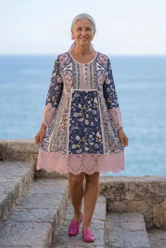 Women's Floral Dress with Lace Trim for Casual Outings