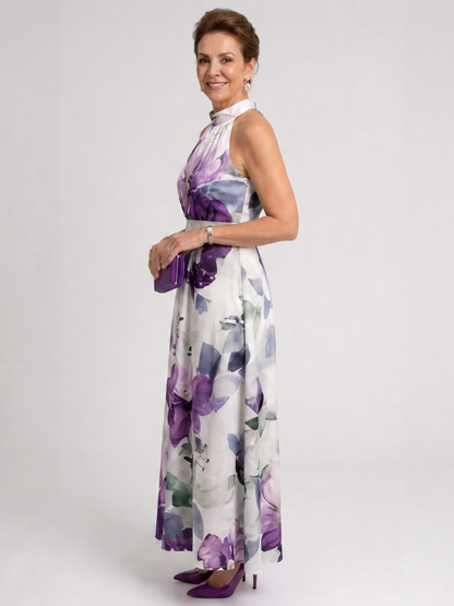 Women's Floral Halter Neck Midi Dress with Flowing Skirt