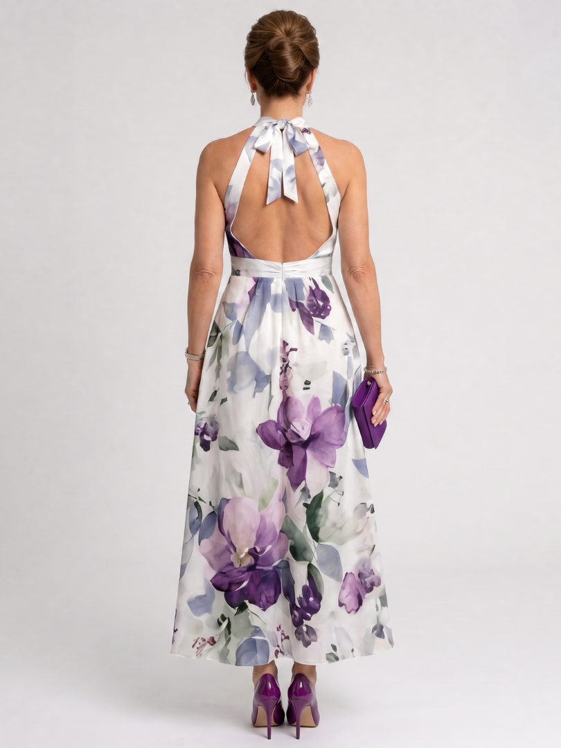 Women's Floral Halter Neck Midi Dress with Flowing Skirt