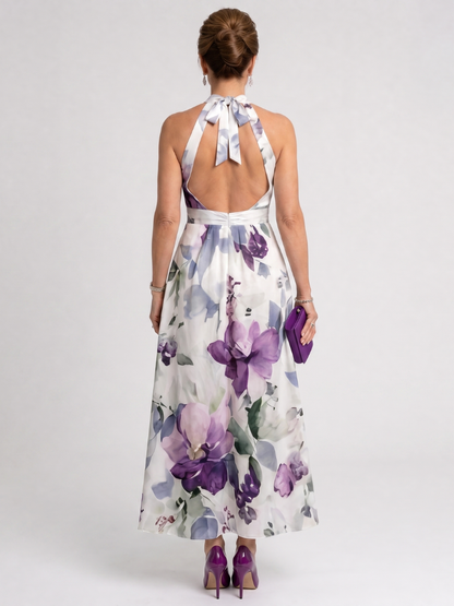 Women's Floral Halter Neck Midi Dress with Flowing Skirt