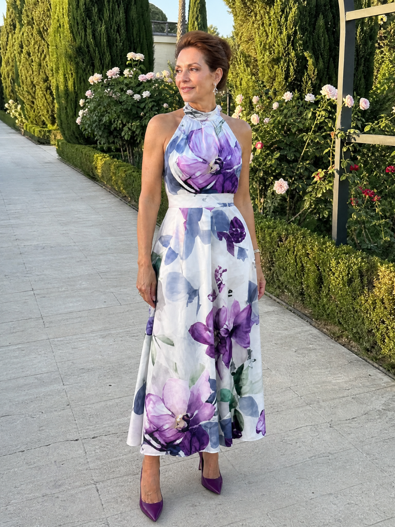 Women's Floral Halter Neck Midi Dress with Flowing Skirt
