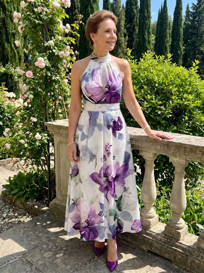 Women's Floral Halter Neck Midi Dress with Flowing Skirt