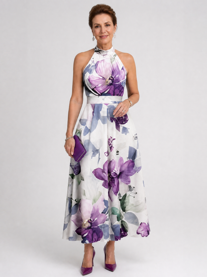 Women's Floral Halter Neck Midi Dress with Flowing Skirt