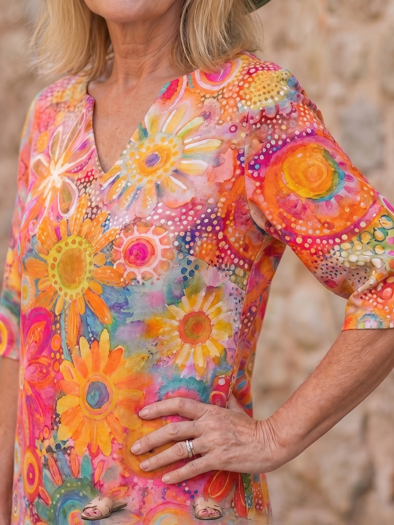 Women's Floral Knee-Length Dress with V-Neck for Daily Wear
