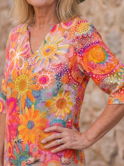 Women's Floral Knee-Length Dress with V-Neck for Daily Wear