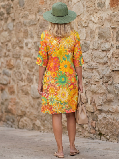 Women's Floral Knee-Length Dress with V-Neck for Daily Wear