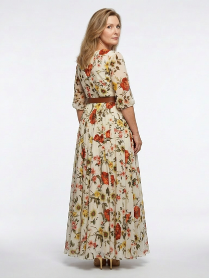 Women's Floral Maxi Dress with Belt for Garden Party