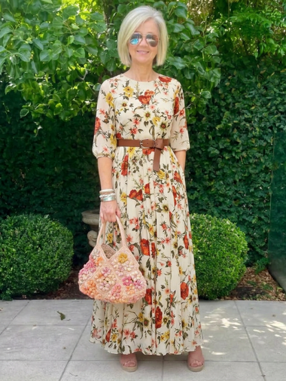 Women's Floral Maxi Dress with Belt for Garden Party