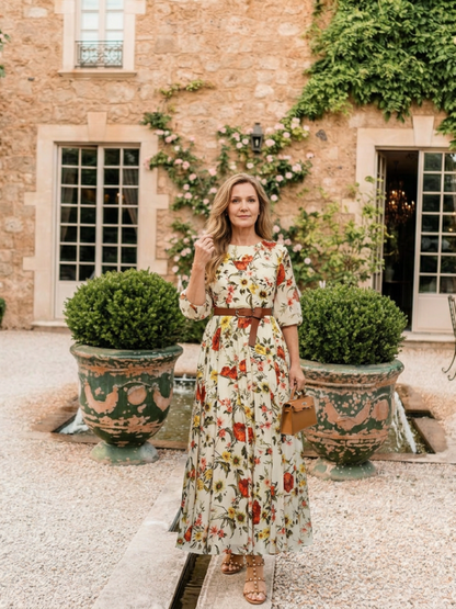 Women's Floral Maxi Dress with Belt for Garden Party