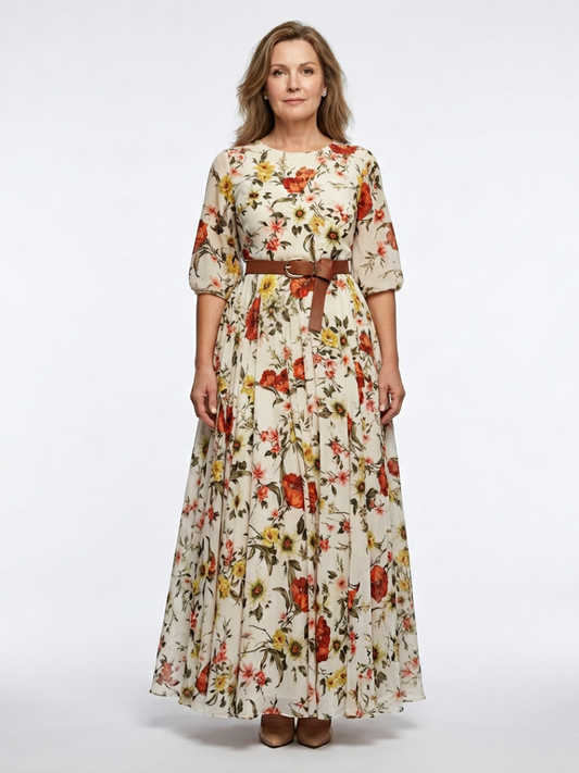 Women's Floral Maxi Dress with Belt for Garden Party