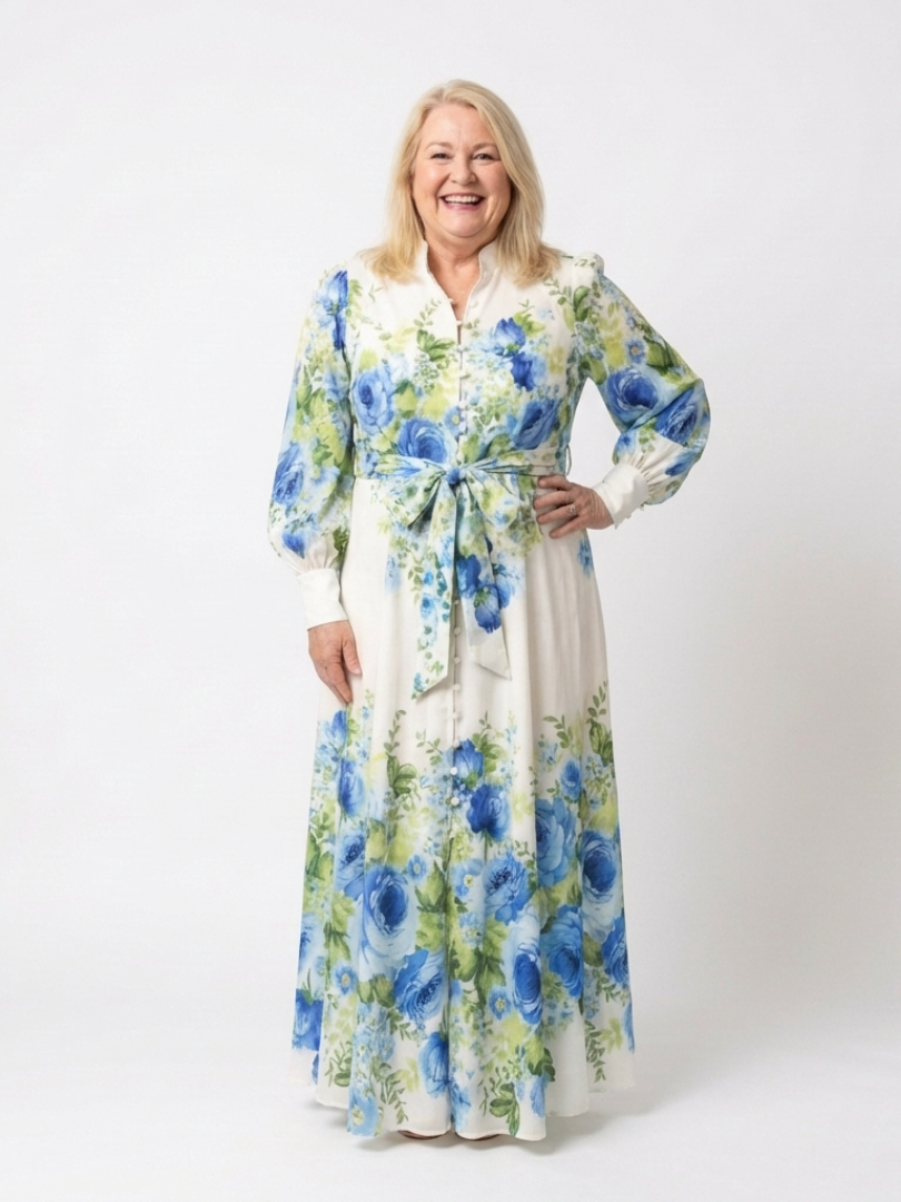 Women's Floral Maxi Dress with Button Front for Daytime